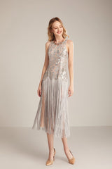 Runway Dresses O Neck Sleeveless Sequined Bodice Tassels Detailing Elegant Fashion Mid Calf Party Prom