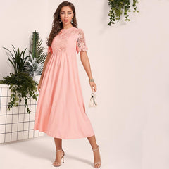 New Lace Dress Sweet Pink Guipure Lace Insert Hollow Out O Neck Fit Flare Midi Dresses Party Dress Summer