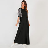 Summer New Long Dress Black Casual Fashion Snake Print Stitching Elastic Waist O-neck Half Sleeve Maxi Dresses Robe
