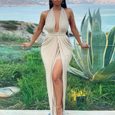 Halter Plunge Thigh Slit Maxi Dress