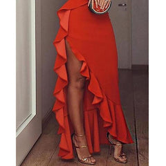 Halter Ruffles Hem High Slit Party Dress Spaghetti Strap V Neck Sexy Long Dress Summer Elegant Formal Maxi Vestidos