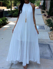 Halter White Pleated Maxi Dress