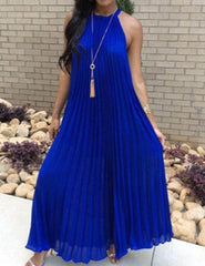 Halter White Pleated Maxi Dress