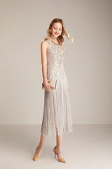 Runway Dresses O Neck Sleeveless Sequined Bodice Tassels Detailing Elegant Fashion Mid Calf Party Prom