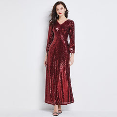 Sexy V Neck Long Sleeves Sequined Fashion Casual A Line Dress