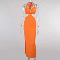 Solid Open Back Halter Split Maxi Dress