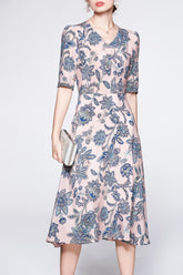 V Neck Short Sleeves Printed Ruched Fashion Summer Dress