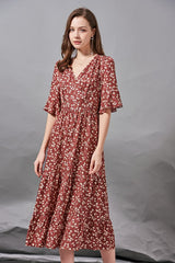 V Neck Short Sleeves Ruffles Printed Elegant Summer Dress