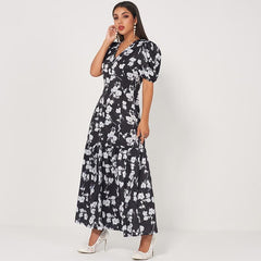 Summer New Fashion WomenRetro Long Waist Fishtail Slim-fit V-neck Lantern Sleeves Banquet Floral Sweet Dress