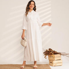 Ladies Fashion Solid Color High Waist Pleated Folds College Style Sweet Long Wild Woman Pure White Dress