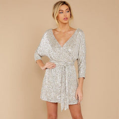 Sexy Deep V-neck Batwing Sleeve Sequin Mini Dress