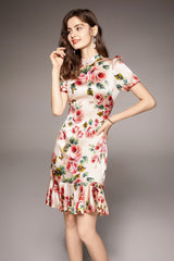 Vintage Stand Collar Short Sleeves Floral Printed Ruffles Elegant Dress Vestidos