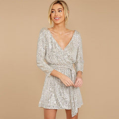 Sexy Deep V-neck Batwing Sleeve Sequin Mini Dress