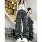 Washed Multi-pocket Cargo Pants Dark Grey Personality High Waisted Pants