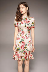 Vintage Stand Collar Short Sleeves Floral Printed Ruffles Elegant Dress Vestidos