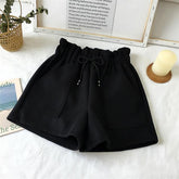 High Waist Wide Leg Black Shorts Casual Thicken Warm Ladies Woolen Shorts