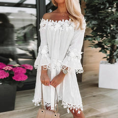 Holiday Sundress Off Shoulder V Neck Short Sleeve Beach Boho Dress