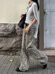 Girl American Leopard Print Retro Street Casual High Waist Trouser