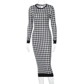 Houndstooth Print Long Sleeve Hollow Out Bodycon Streetwear Autumn Winter Club Elegant Slim Midi Dress