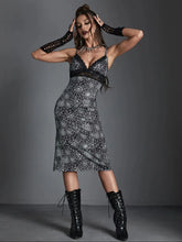 Spider Web Print Lace Trim Hollow Out V Neck Chest Wrapping Bodycon Dress