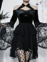 Gothic Vintage Off Shoulder Lace Cocktail Party Velvet Mesh Long Sleeves Halloween Cosplay Dress
