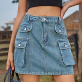 Denim Skirt Street Tooling Style Flap Ribbon Details Workwear High Street Skirt
