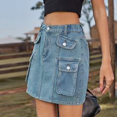 Denim Skirt Street Tooling Style Flap Ribbon Details Workwear High Street Skirt