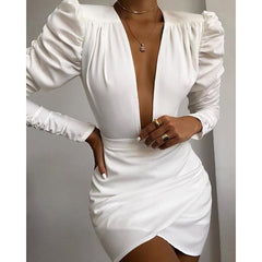 Irregular Solid White Long Sleeve Dress V Neck Puff Sleeve Party Dress Elegant Ladies Formal Workwear Vestidos Mujer