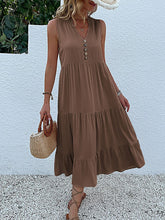 JIM & NORA Summer Sleeveless Tank V Neck Buttons Ruffle Loose Beach Solid Sun Fashion Midi Dress