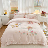 Cute Girl Embroidered Cotton Bedding Set