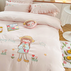Cute Girl Embroidered Cotton Bedding Set