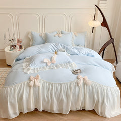 Korean Princess Ribbon Bow Lace Edged Bedding Set