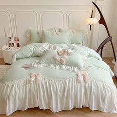 Korean Princess Ribbon Bow Lace Edged Bedding Set