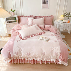 Heart Embroidery Winter Thickened Fleece Bedding Set