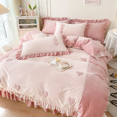 Heart Embroidery Winter Thickened Fleece Bedding Set