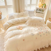 French Floral Butterfly Embroidered Thickened Milk Fleece Lace Edged Bedding Set