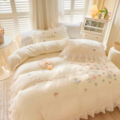 French Floral Butterfly Embroidered Thickened Milk Fleece Lace Edged Bedding Set