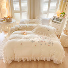 French Floral Butterfly Embroidered Thickened Milk Fleece Lace Edged Bedding Set