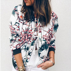 Flower Print Long Sleeve Zipper Jacket