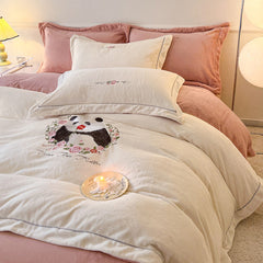 Panda and Floral Embroidered Bedding Set