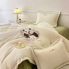 Panda and Floral Embroidered Bedding Set