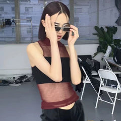 Hollow Out Turtleneck Knitted Vest Y2k Style Sleeveless Top