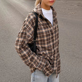 Plaid Spring Vintage Casual Long Sleeve Turn-down Collar Ladies Baggy Button Up Clothes Blouse