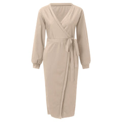 Korean Dongdaemun High Clothing Wrap V Neck Long Sleeve Sweater Tie Waist Bodycon Knit Elegant платье Midi Dress