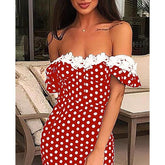 Lace Applique Off Shoulder Dots Print Dress Cold Shoulder Polka Dot Red Summer Dress Slim Fit Casual Party Vestidos