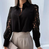 Lace Patchwork Spring Hollow Out Long Sleeve Turn-down Collar White Button Up Office Wear Blouse