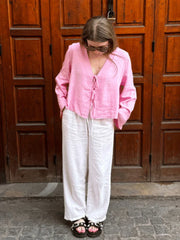 Lace Up Bow Long Sleeve Linen Tops Solid Blouse