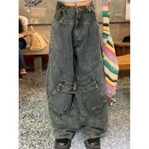 Retro Punk Style Large Pocket Tooling Jeans WomenStreet Fashion Pants