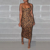 Leopard print chiffon dress Sleeveless thin strap midi summer dress party dresses robe femme vestidos mujer