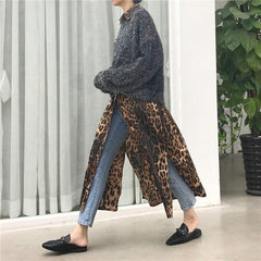 Leopard print shirt dress long sleeve causal loose split dress Fashion summer streetwear Button up korean dresses vestidso